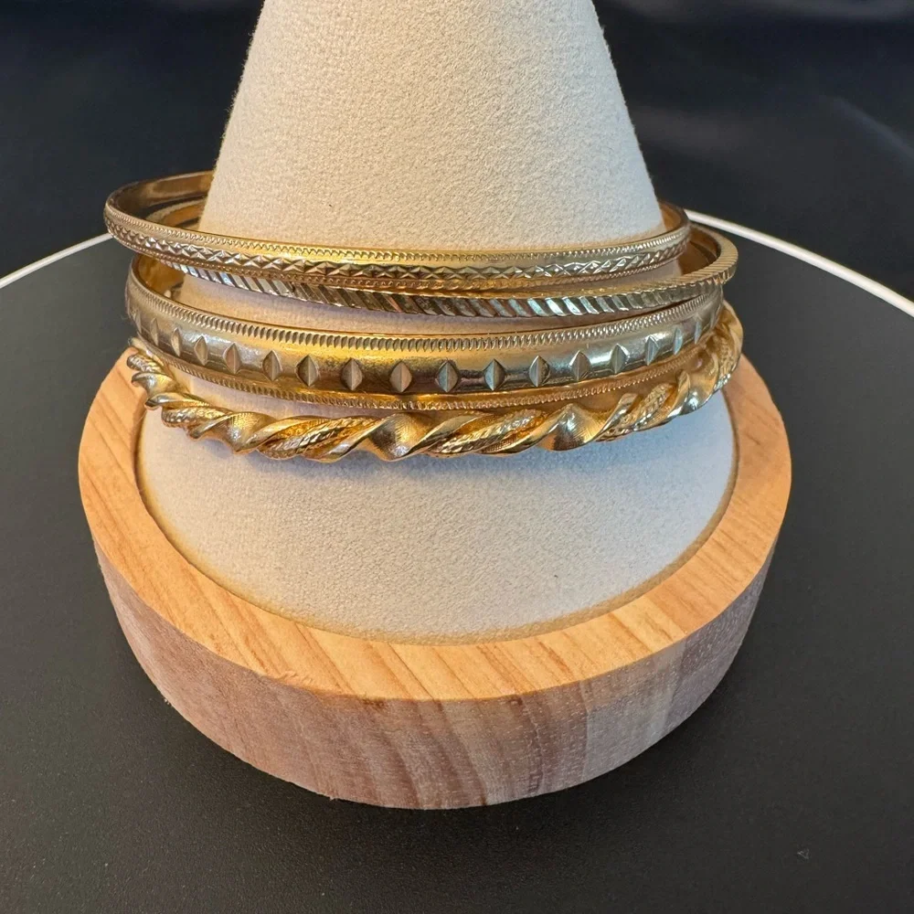 Vintage 1980s Gold Tone Bangle Bracelet Set Textured Stack Boho Minimalist - EUC